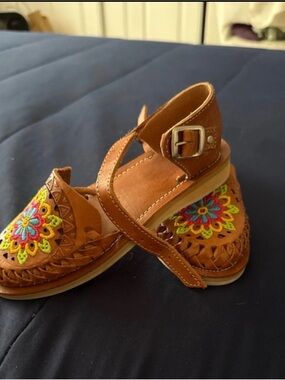 Girls Brown Leather Sandals with Colorful Embroidered Flower
